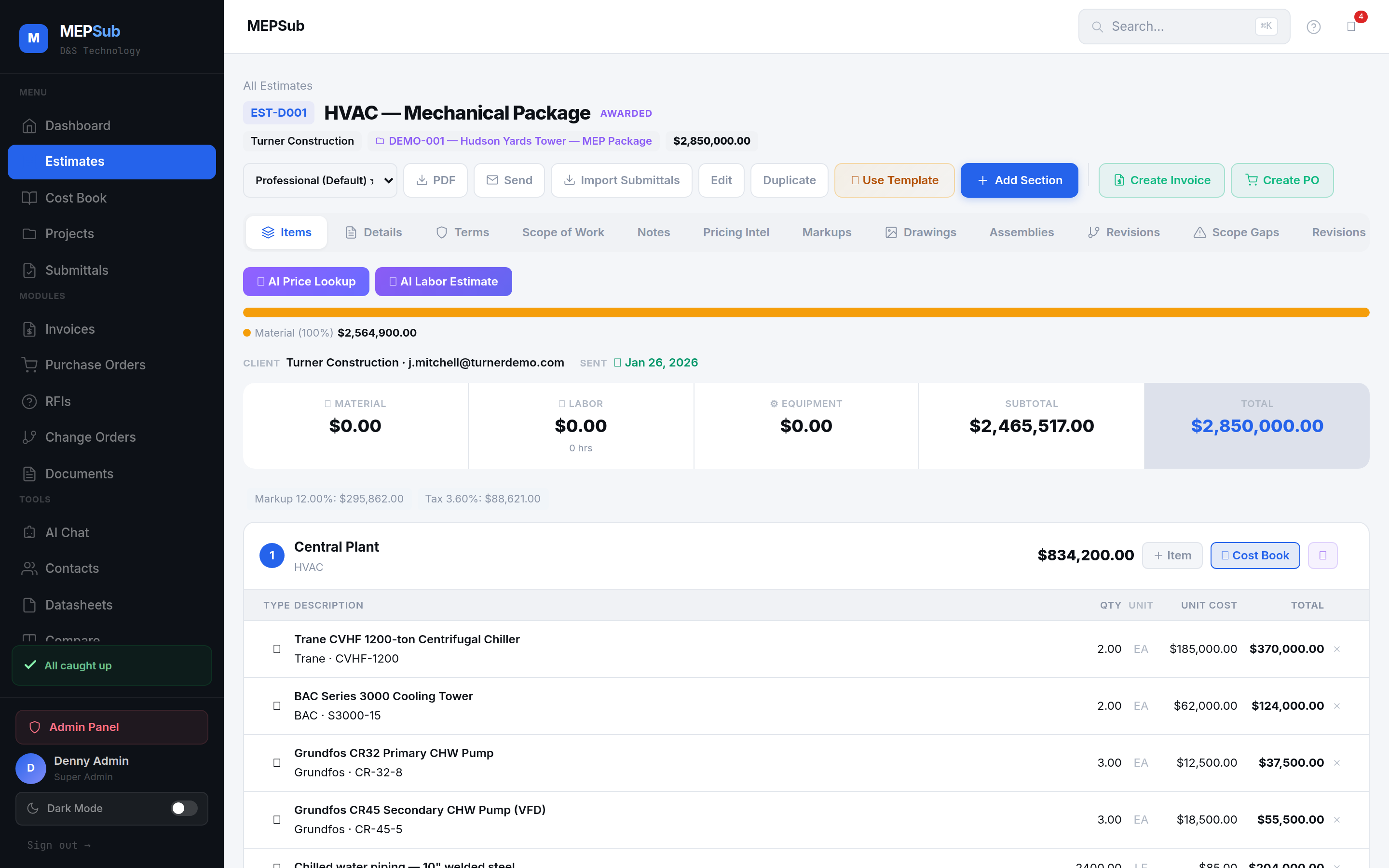 Estimate built from assemblies with full cost breakdown